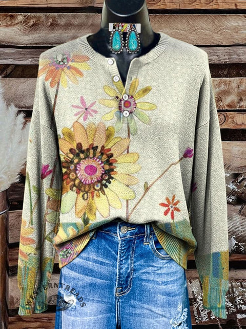 Floral Pattern Art Print Buttoned Cardigan Sweater