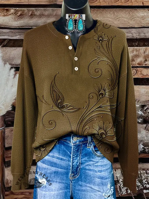 Floral Art Print Buttoned Cardigan Sweater