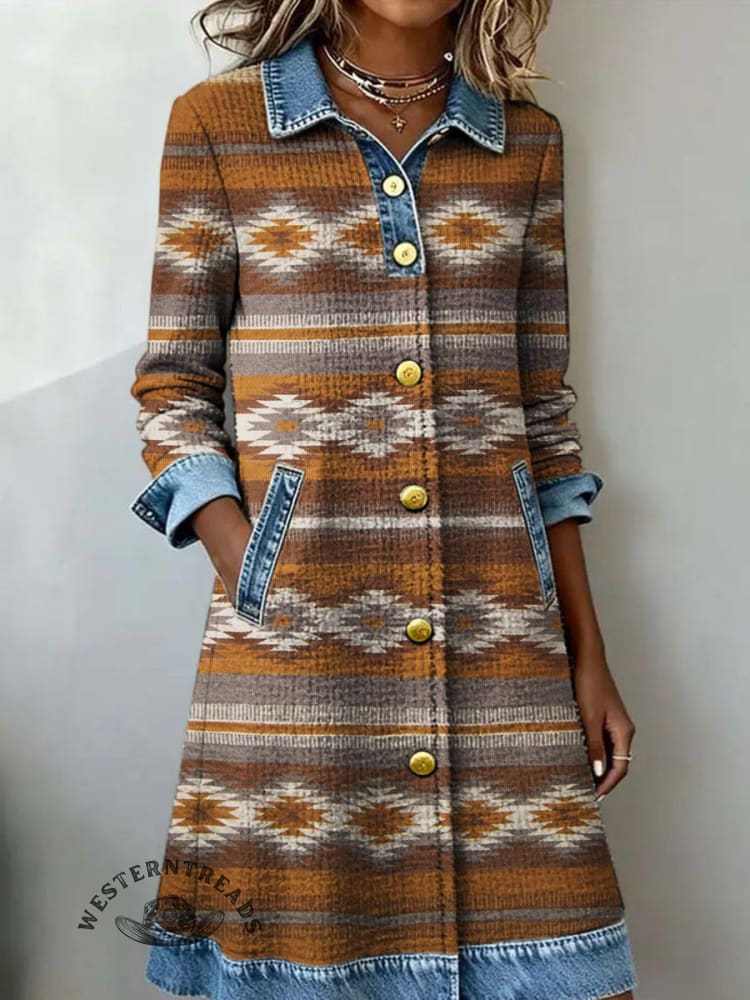 Women's Aztec Print Casual Denim Patchwork Dress