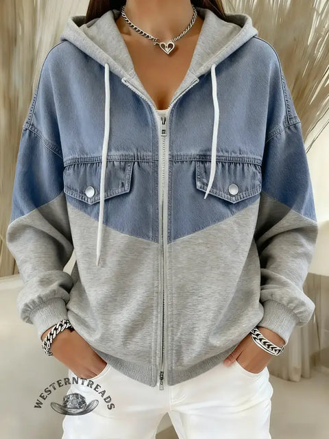 Casual Patchwork Denim Hooded Zip-up Cotton Sweatshirt
