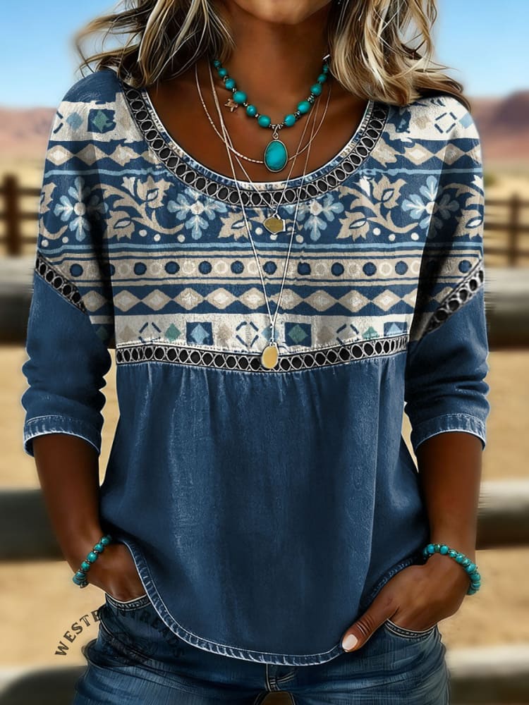 Women's Vintage Art Print Casual Hollow Lace Denim Shirt