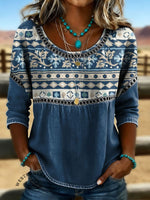 Women's Vintage Art Print Casual Hollow Lace Denim Shirt