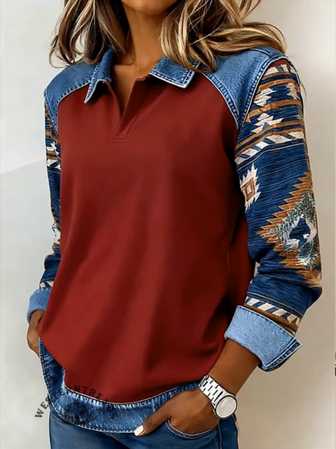 Casual Aztec patchwork denim sweatshirt