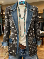 Vintage Flowers Art Print Patchwork Denim Sweater Cardigan Coat