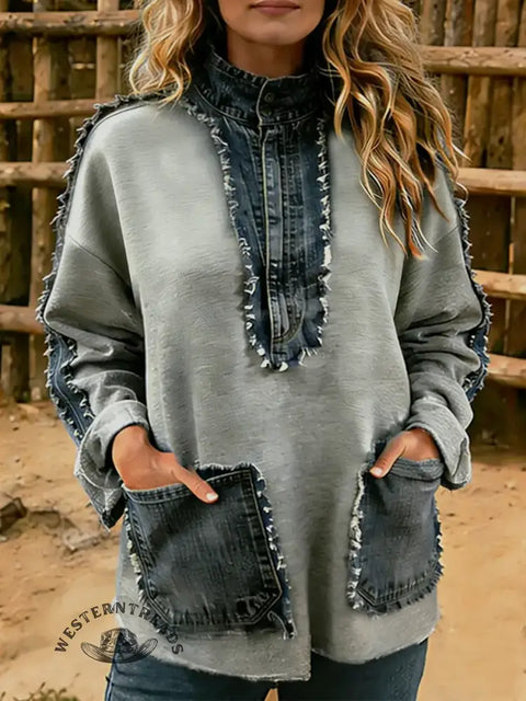 Women's Casual Denim Patchwork Long-sleeved Sweatshirt