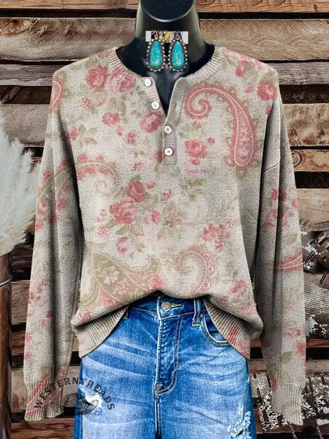 Retro Print Buttoned Cardigan Sweater