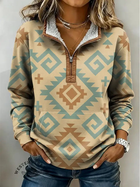 Aztec Art Print Casual Half-Zip Cotton Sweatshirt