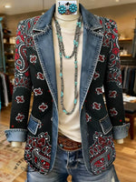 Paisley Print Patchwork Denim Sweater