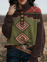 Retro Western Printed Button-up Sweatshirt