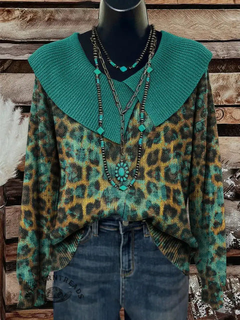 Leopard Art Print Casual Lapel Sweater