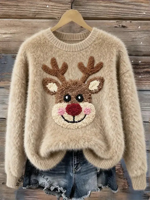 Women's Lovely Fuzzy Reindeer Art Print Cozy Plush Sweater