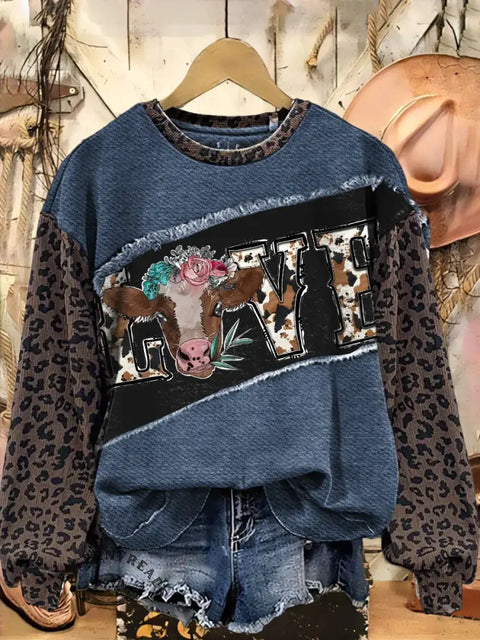 Retro Western Live Print Casual Cotton Leopard Print Sweatshirt