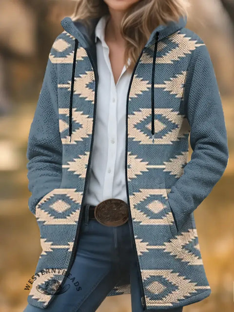 Blue Aztec Print Unisex Plush Thick Long-sleeved Sweater Cardigan Coat