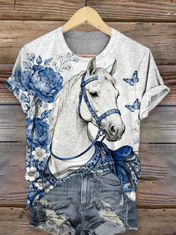 White Horse And Flower T-shirt