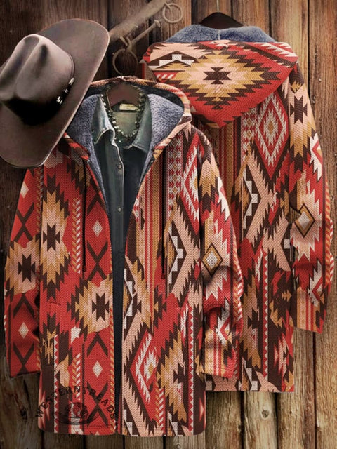 West Print Unisex Plush Thick Long-sleeved Cardigan Coat