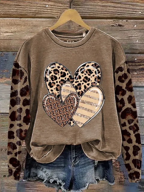 Leopard Print Heart Casual Cotton Sweatshirt