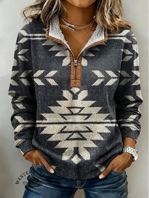 Retro Aztec Print Casual Half-zip Cotton Sweatshirt