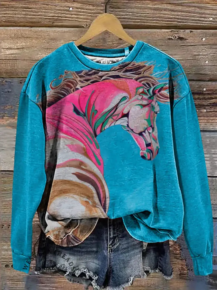 Retro Horse Art Casual Cotton Sweatshirt
