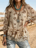 Vintage Western Art Print Casual Ruffle Shirt
