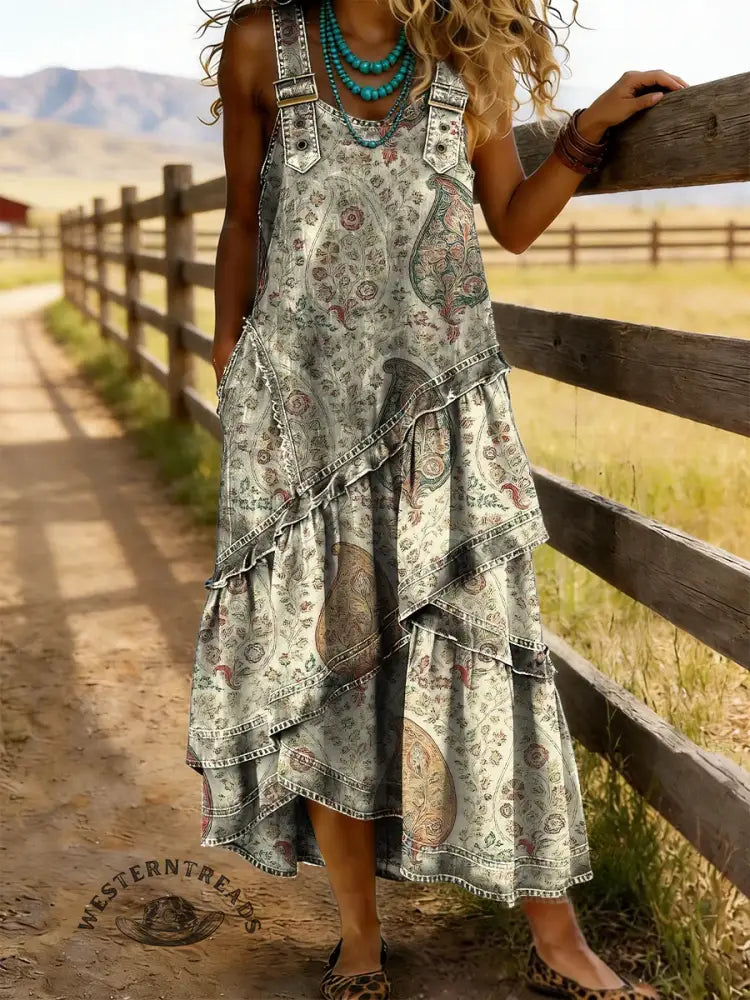 Retro Floral Print Sleeveless Multi-layered Ruffled Strap Dress