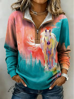 Horse Art Print Casual Half-Zip Cotton Sweatshirt