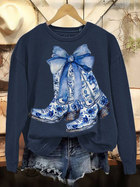 Western Boots Print Casual Cotton Sweatshirt
