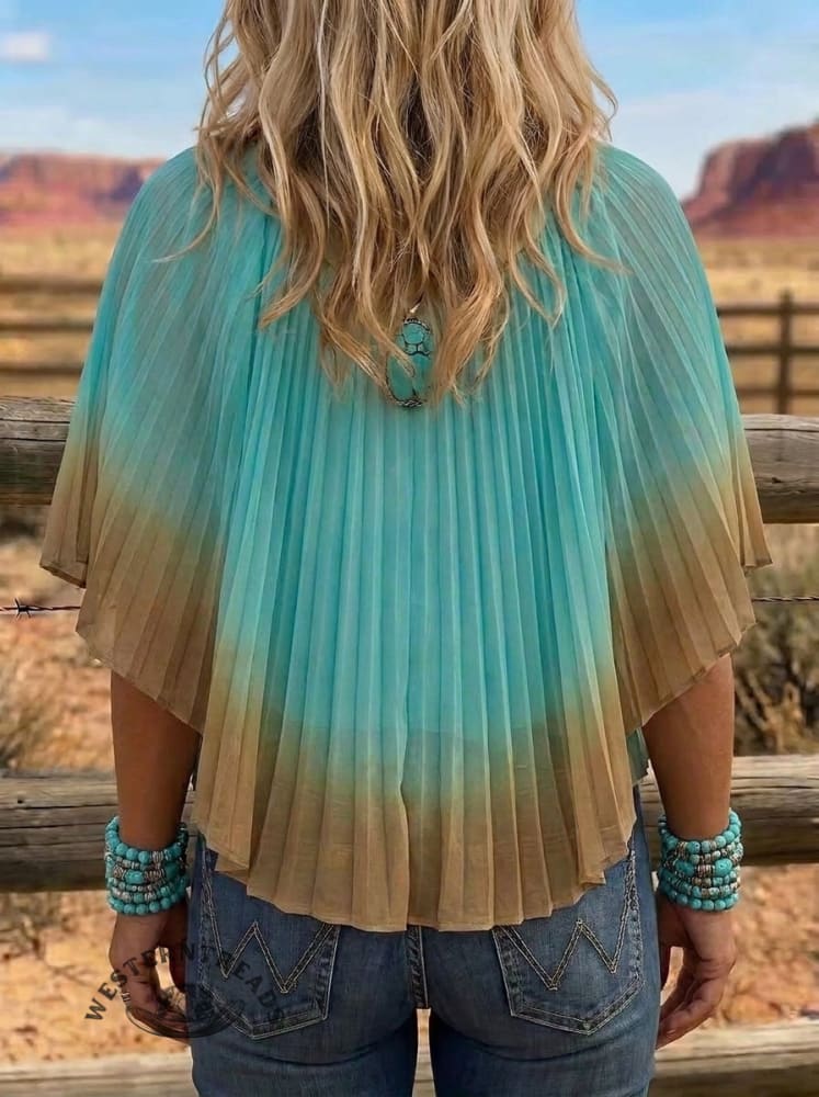 Vintage Western Aztec Print Ombre Pleated Cape Top