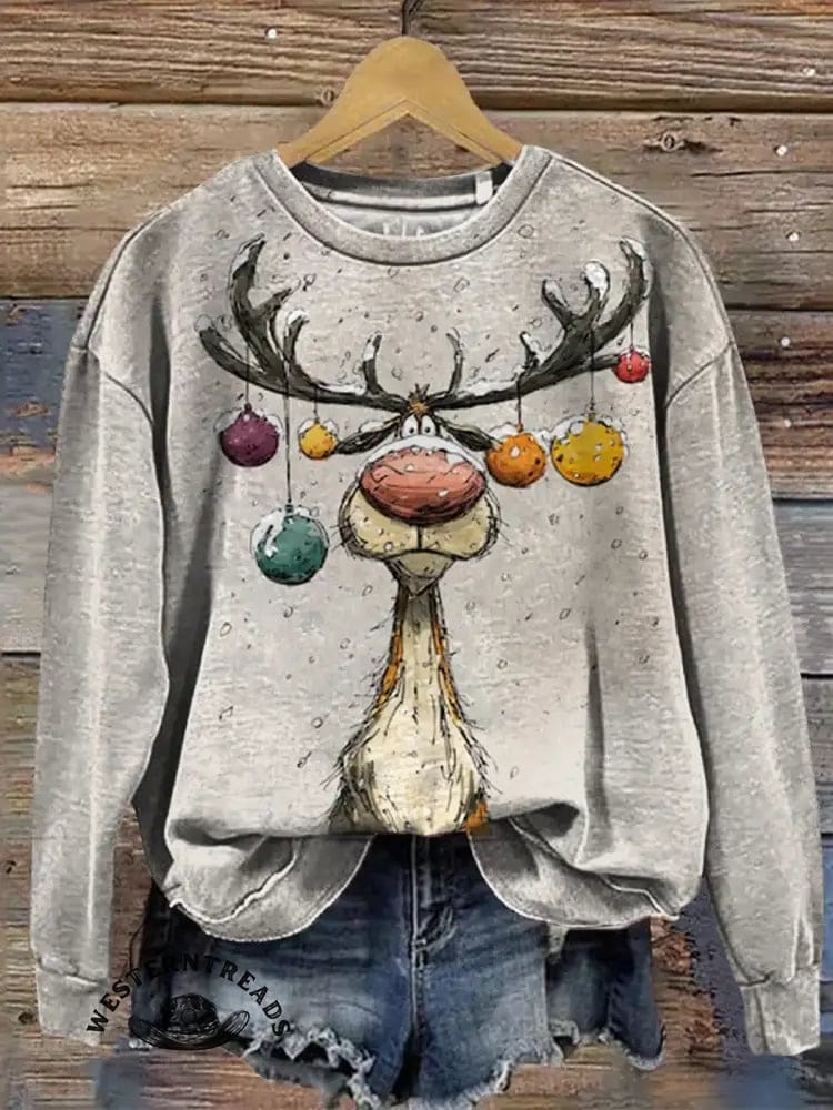 Vintage Christmas Elk Print Casual Sweatshirt