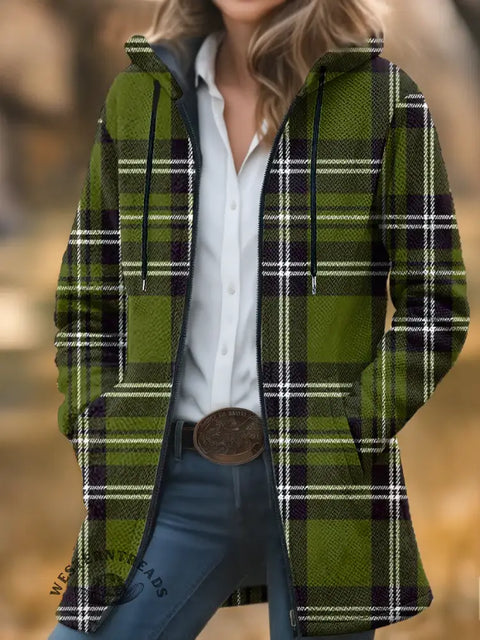 Plaid Print Unisex Plush Thick Long-sleeved Cardigan Coat