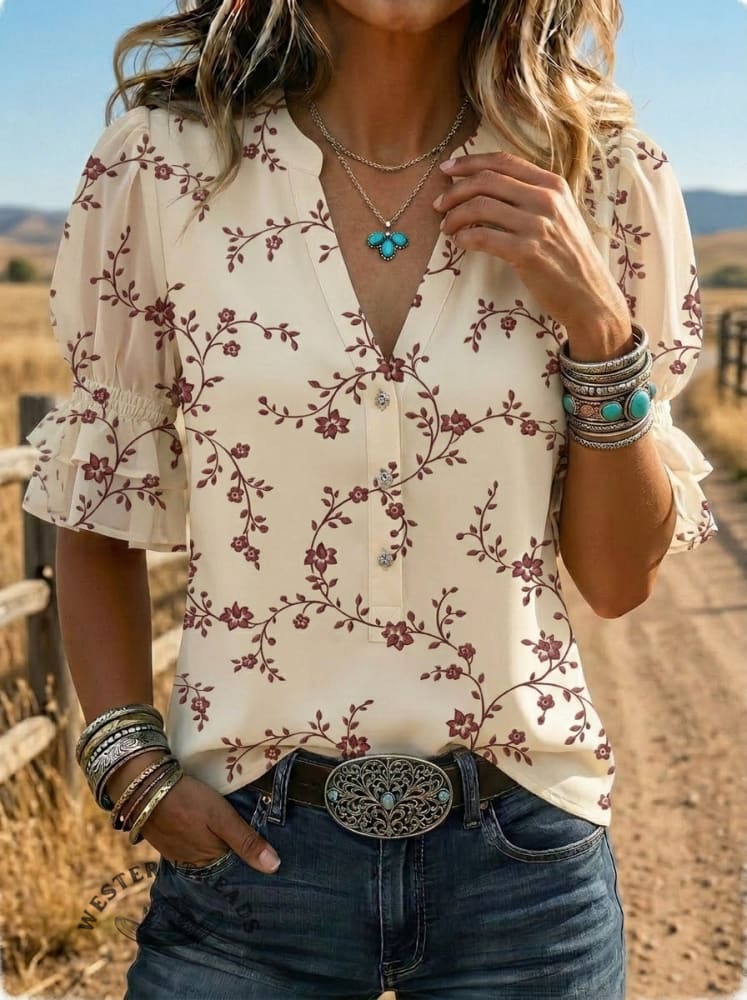 Women's Retro Floral Puff Sleeve Casual Shirt