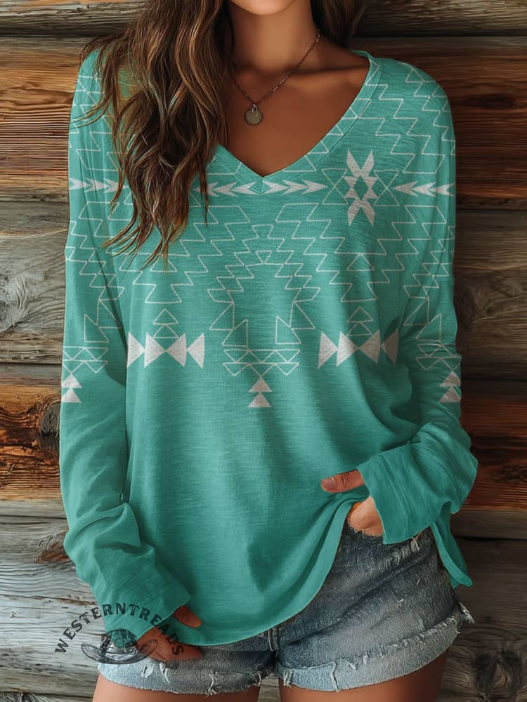 100% Cotton🍃Women's Aztec Print Casual V-neck Long Sleeve T-shirt