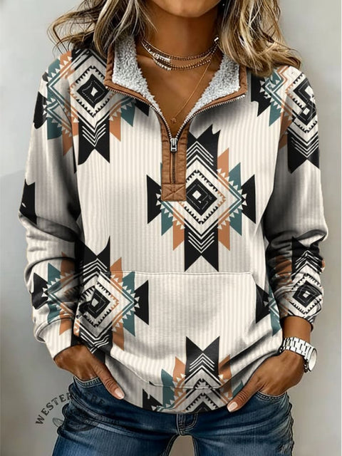Retro Aztec Print Casual Half-zip Cotton Sweatshirt