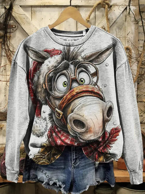 Funny Christmas Donkey Print Casual Sweatshirt