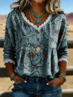 Retro Floral Print Casual Hollow-out Lace Denim Shirt