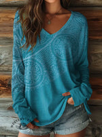 100% Cotton🍃Retro Flower Women's V-neck Long-sleeved Shirt