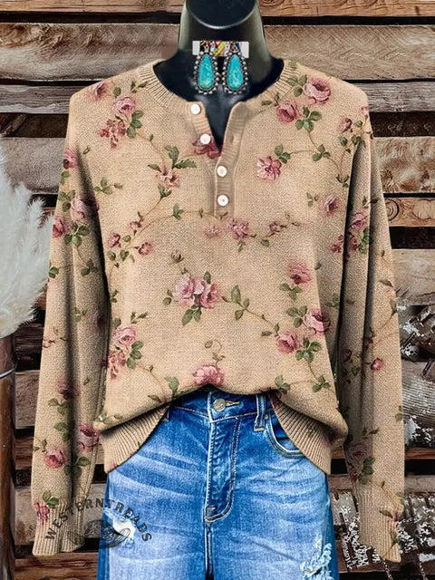 Simple Floral Art Print Buttoned Cardigan Sweater