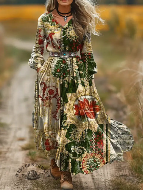 Women's Christmas Print V-Neck Button Pocket Cotton Dress