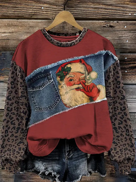 Retro Santa Claus Leopard Print Denim Patchwork Casual Cotton Sweatshirt