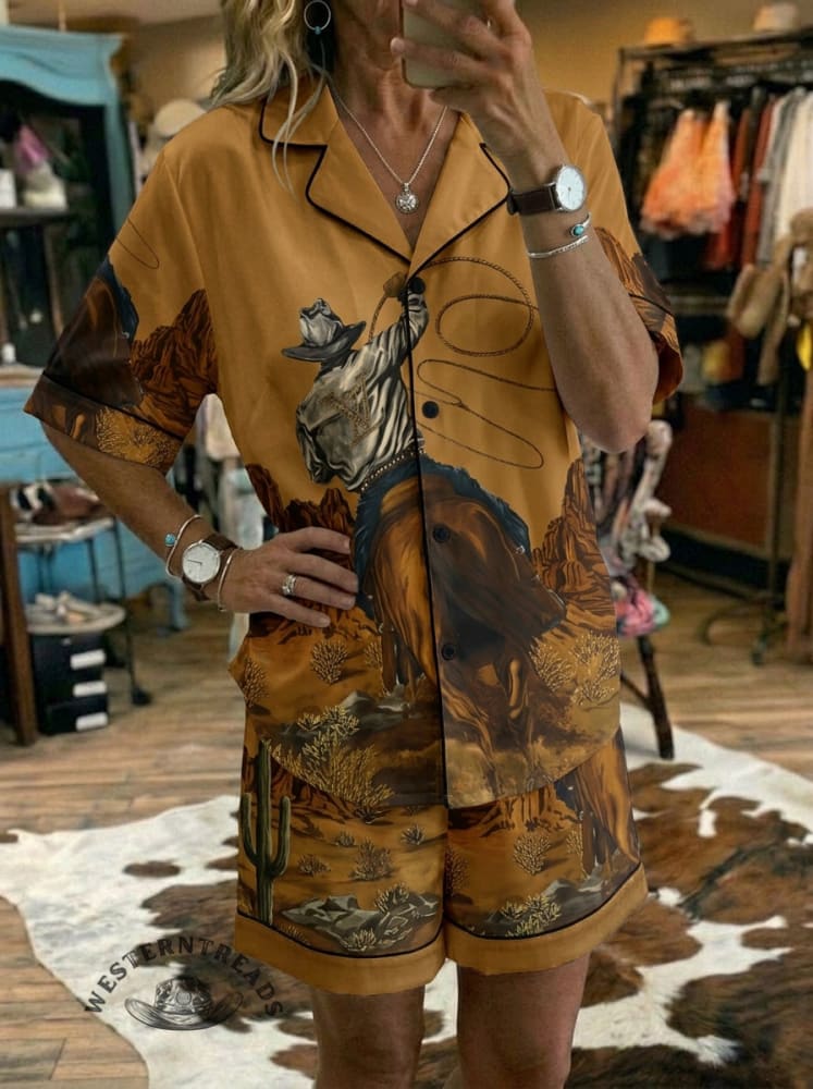 Women's Vintage Wild West Art Print Casual Pajama Set