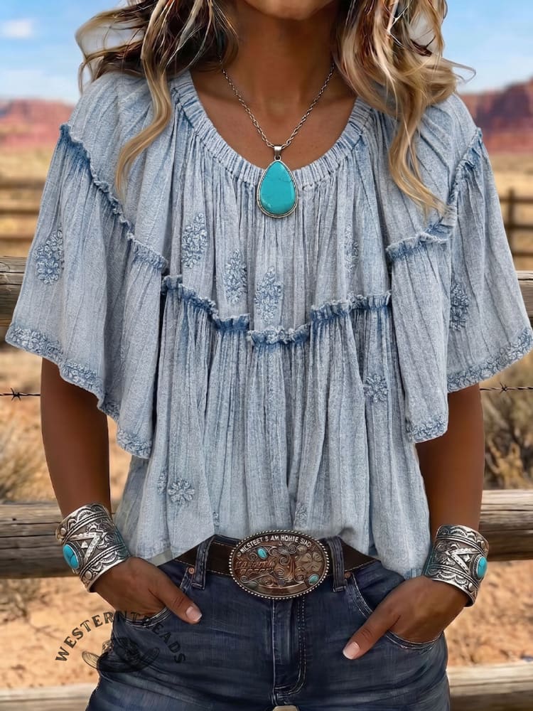 Vintage Art Patchwork Denim Casual Shirt