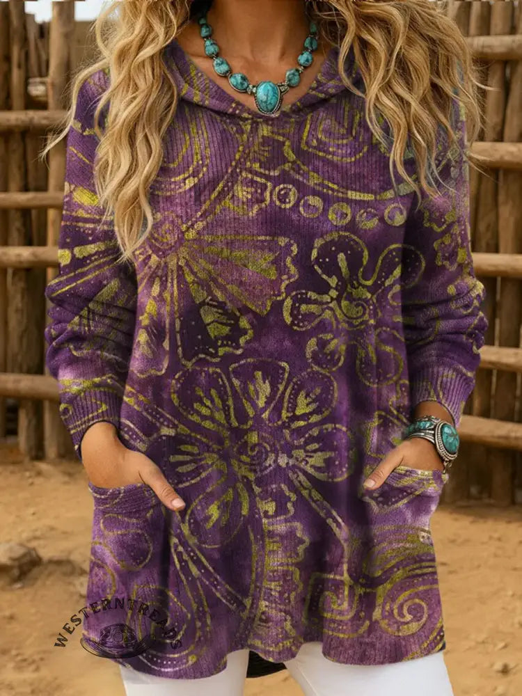 Vintage Art Print Casual Knitted Pocket Hooded Tunic Top