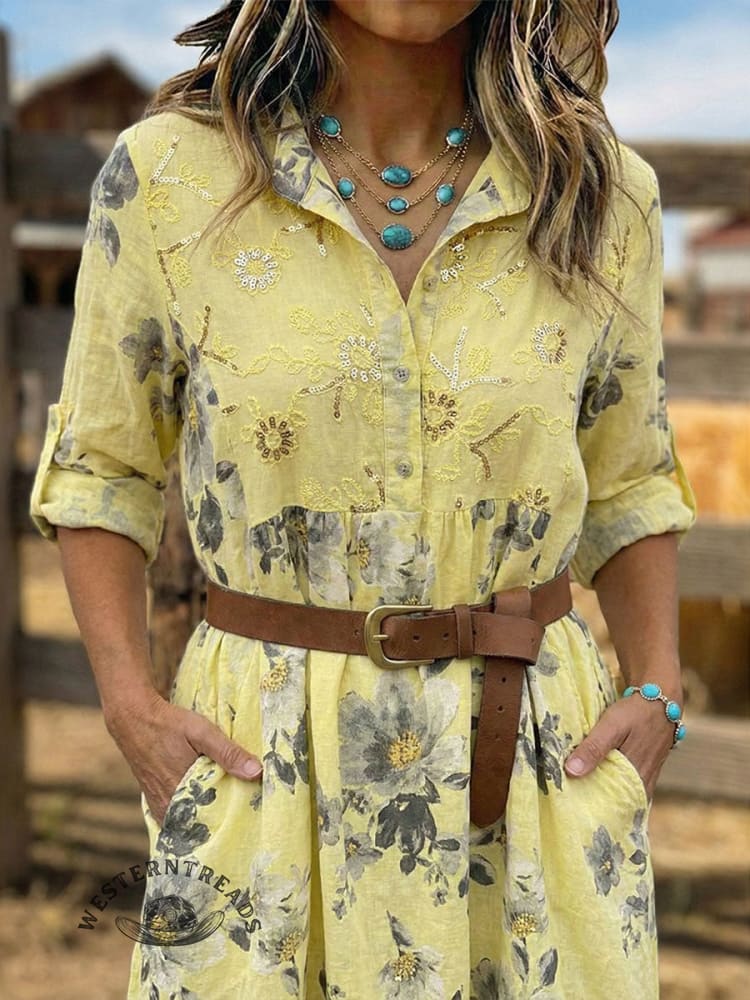 Vintage Embroidered Flowers Cotton And Linen Dress