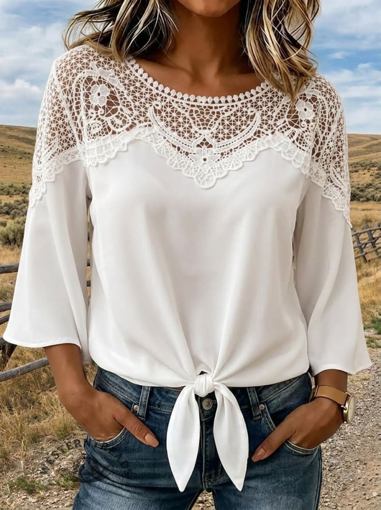 Women's Hollow Lace Spliced Casual Solid Color Top