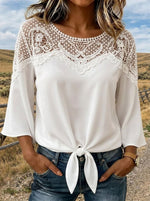 Women's Hollow Lace Spliced Casual Solid Color Top
