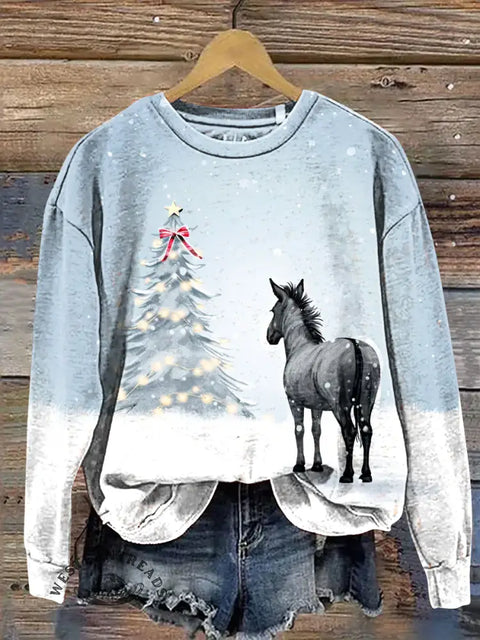 Christmas Tree And Horse Casual Cotton Sweatshirt