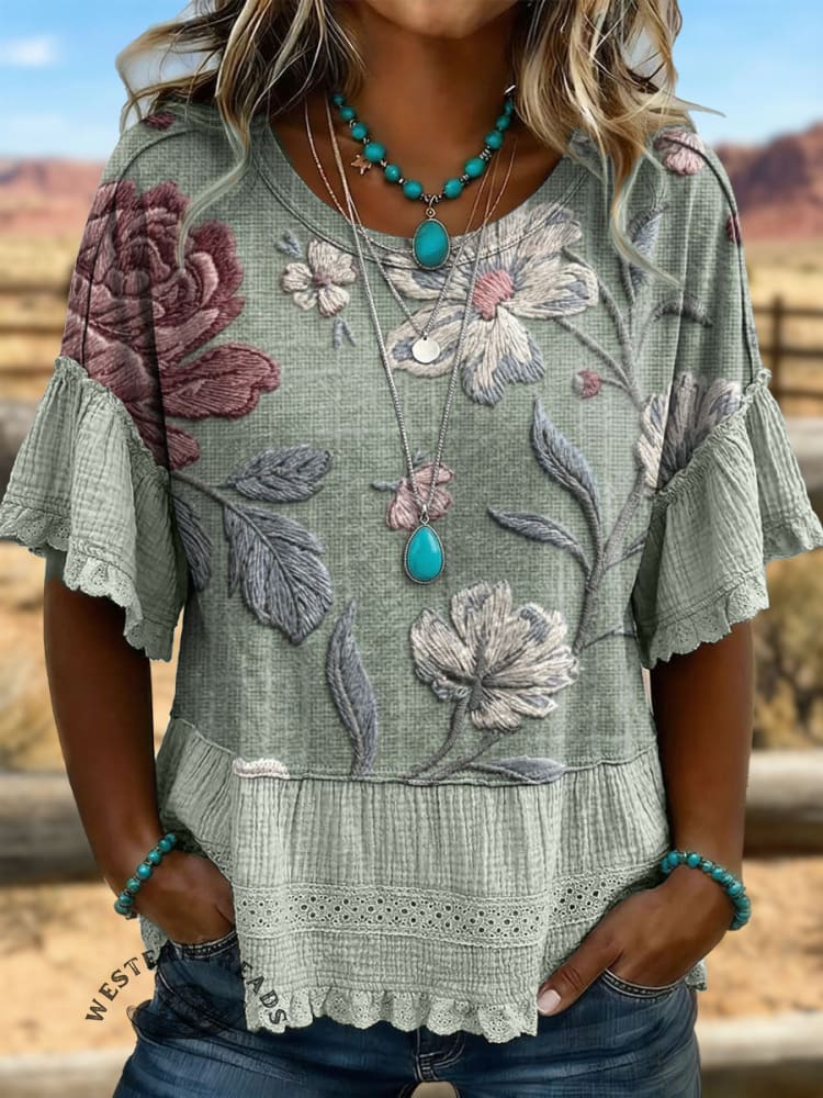 Vintage Art Hollowed Out Lace Patchwork T-Shirt