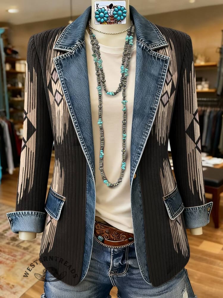 Aztec Print Patchwork Denim Sweater