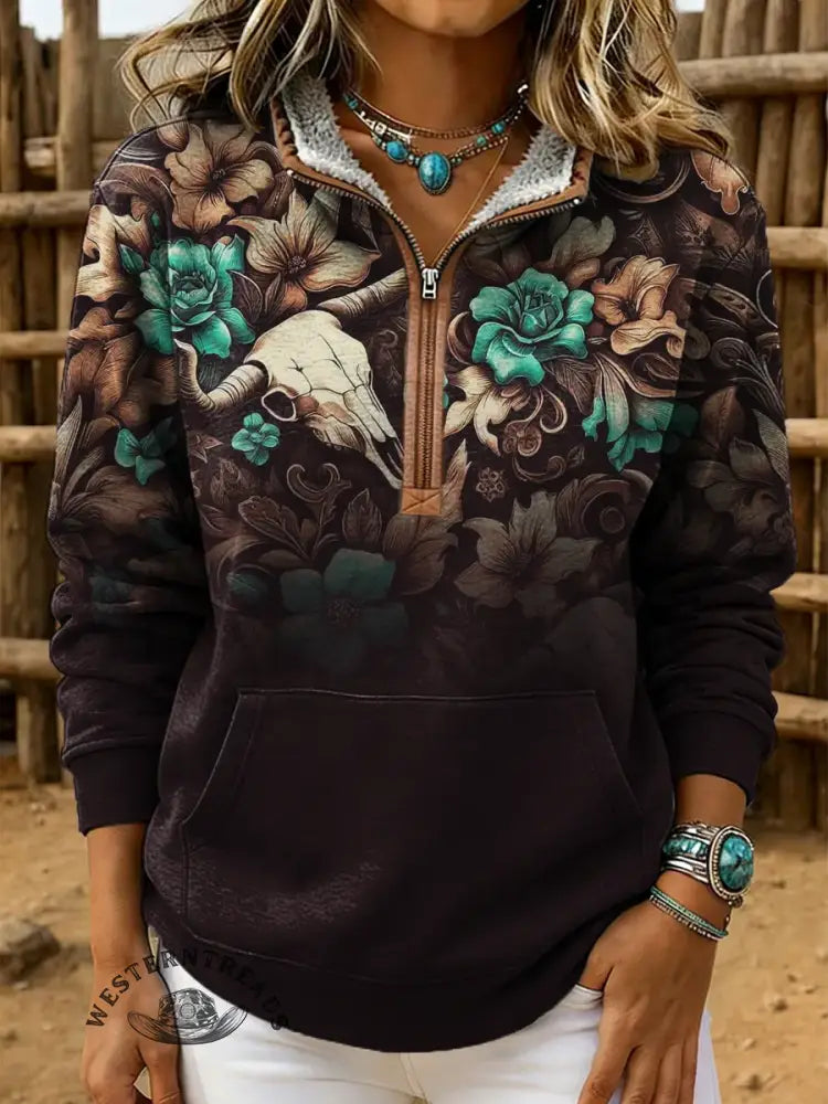 Vintage Western Art Print Casual Half Zip Cotton Sweatshirt