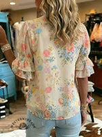 Women's Vintage Floral Print Casual Chiffon Ruffle Shirt