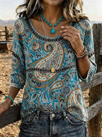 Women's Paisley Print Casual 3/4 Sleeves Hollow Denim Shirt